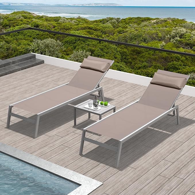 Domi Patio Chaise Lounge Set of 2 with Side Table, Aluminum Adjustable Pool Lounge Chairs - Photo 1