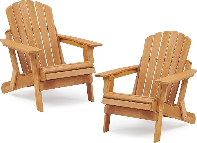 SoliWood Oversize Wooden Outdoor Folding Adirondack Chair Set of 2 with Pre-Assembled BackRest & SeatBoard, Wood Patio Chair for Garden Backyard Porch Pool Deck Firepit