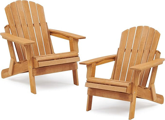 SoliWood Oversize Wooden Outdoor Folding Adirondack Chair Set of 2 with Pre-Assembled BackRest & SeatBoard, Wood Patio Chair for Garden Backyard Porch Pool Deck Firepit