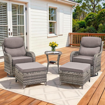 Luxury Outdoor Swivel Rocker Patio Chairs Set of 5, High Back Swivel Patio Chairs with Side Table & 6" Thick Cushions, Ottomans, Wicker Outdoor Bistro Set for Porch, Yard, Deck, Poolside, Grey