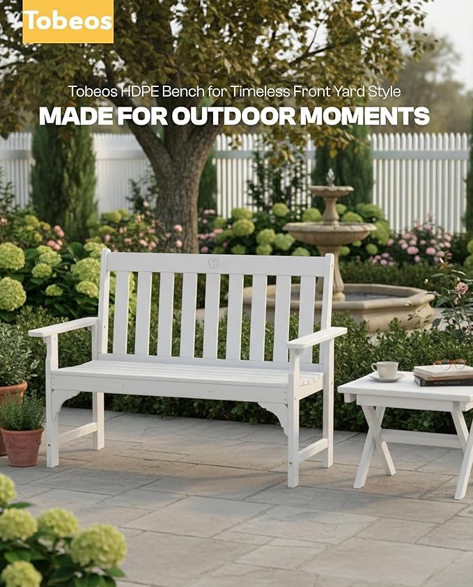 2-Person Outdoor Garden Bench, HDPE All-Weather Patio Bench with Backrest & Armrests, Heavy Duty Outdoor Seating for Porch, Backyard & Park, 660 lbs (White, 2 Benches)