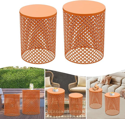 2PCS Outdoor Side Table, Heavy Duty Metal Frame Side Table Decorative Garden Stool Modern End Table Round Coffee Table for Patio Gardens Balconies Cafes (Orange)