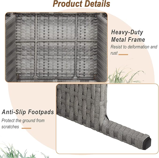 RELAX4LIFE Patio Rattan Side Table - Folding Coffee Table with Premium Brown PE Wicker & High-Duty Steel Frame, Outdoor Beside Table for Garden, Courtyard, Poolside (Gray)