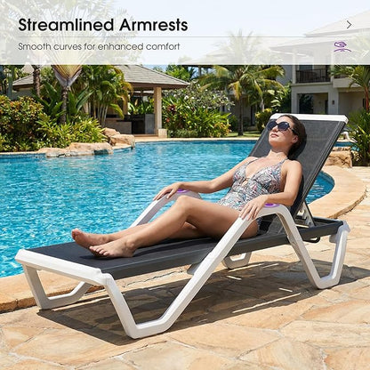 PURPLE LEAF Patio Chaise Lounge Set of 2 Plastic Pool Outdoor Lounge Chair with Armrest Stackable Poolside Tanning Chairs for Beach Deck Yard Sunbathing, Dark Grey