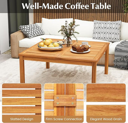 Tangkula Patio Wood Coffee Table, Solid Acacia Wood 35.5 Inches Side Table with Slatted Tabletop, Outdoor Square Table for Backyard, Porch, Balcony