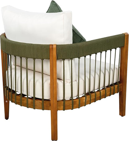 Christopher Knight Home Vinny Outdoor Accent Chair, Acacia Wood Club Chair, Handwoven Rope Armchair with Removable Cushions, Comfort Seating Single Reading Sofa for Garden Backyard Porch, Green+Beige