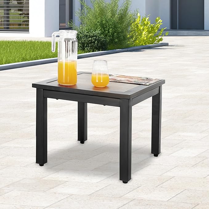 LOKATSE Home Outdoor Square Metal Coffee Side Table Patio Furniture with Wood Grain Top for Backyard, Deck, Lawn, Garden