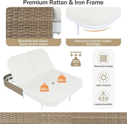 SOFTSEA Patio Rattan Daybed for 2 People, with 5-Position Adjustable Backrest, Outdoor Chaise Lounge with Removable Cushions&Pillows, Iron Frame Outdoor Bed Loveseat for Pool Garden, Beige+White