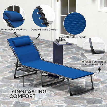 Outsunny Folding Chaise Lounge Chair Outdoor Tanning Chair with Side Table, 5-Level Adjustable Beach Lounge Chair with Headrest, Side Pocket for Patio, Backyard, Beach, Poolside, Dark Blue