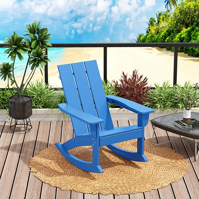 Costaelm Outdoor Adirondack Chair, All Weather Resistant Lawn Chairs Balcony Chair and Fire Pit Chairs, Patio Chair Outdoor Porch Rocking Chair High Back HDPE Poly Lumber, Pacific Blue