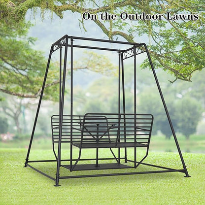 kinbor 4-Seat Patio Swing Chair - Patio Swing Chair with Stand, Heavy Duty Metal Frame Outdoor Swing Chair Sets with Backrest ＆ Table for Porch, Poolside, Garden, Backyard (Black, 6.92FT)