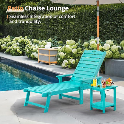 LUE BONA HDPS Chaise Lounge Chair with Table, 2-Piece, Outdoor Pool Lounge Chairs with Adjustable Backrest, Resin Patio Lounge Chairs with Wheels for Outside, Aruba Blue