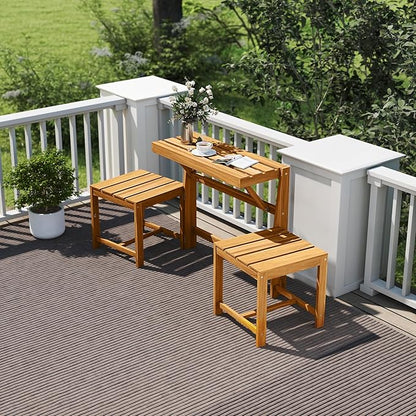 Tangkula 3-in-1 Outdoor Acacia Wood Loveseat Bench Furniture, Patio Table and Chairs Set with Plant Rack Design, for Garden, Porch and Backyard