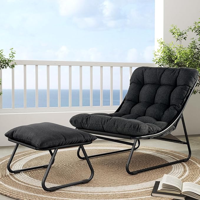 Grand patio Outdoor Lounge Chair with Ottoman, Comfy Sling Recliner Chair with Puffy Cushion and Foot Stool - Photo 1