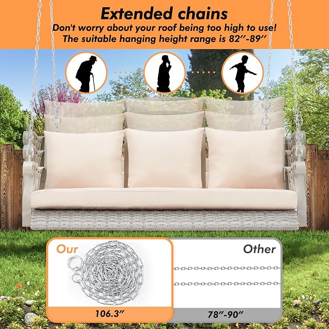 3-Person Wicker Porch Swing Chair Heavy Duty 900 LBS Outdoor Rattan Patio Swing Chair w/Cup-Holder & Steel Chains - Photo 5