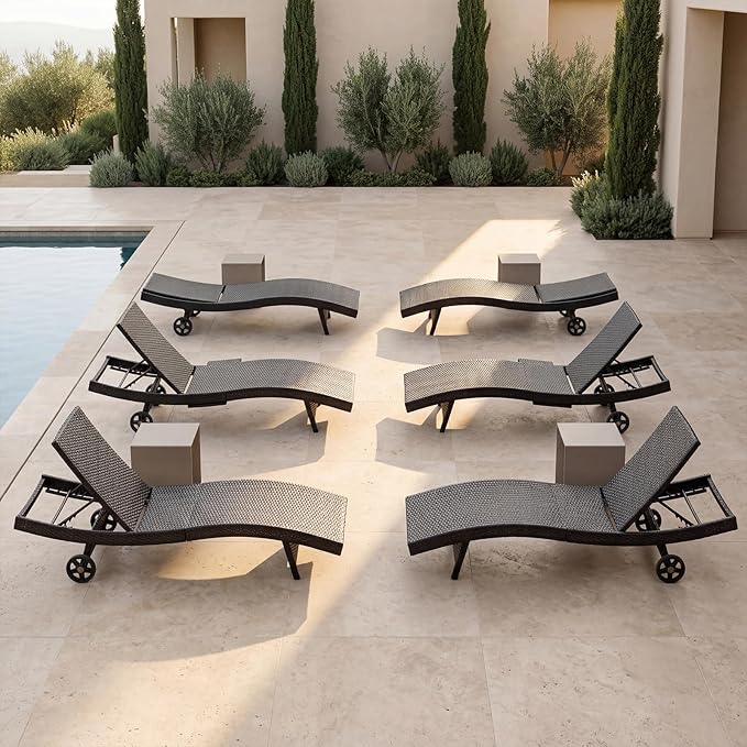 Set of 6 Dark Brown Outdoor Chaise Lounge Chairs, Wicker Patio Lounge Chairs with Adjustable Backrest and Wheels, Durable PE Rattan Pool Chair for Patio, Poolside and Garden