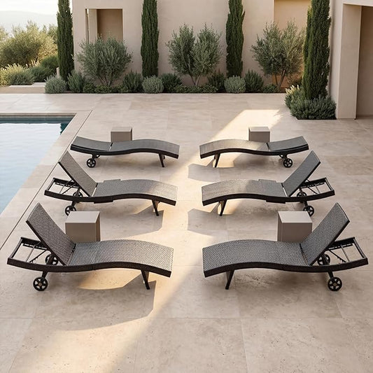 Set of 6 Dark Brown Outdoor Chaise Lounge Chairs, Wicker Patio Lounge Chairs with Adjustable Backrest and Wheels, Durable PE Rattan Pool Chair for Patio, Poolside and Garden