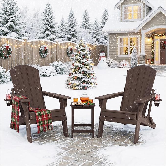 Folding Adirondack Chair Set of 2 with Cup Holder, HDPE All Weather Resistant Plastic Outdoor Patio Chairs, Heavy Duty Fire Pit Seating for Backyard Lawn Garden, Wooden Textured Design(Coffee)