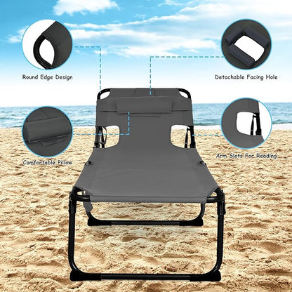 GYMAX Tanning Chair, Folding Beach Lounger with Face Arm Hole, Adjustable Backrest, Side Pocket, Pillow & Carry Handle, Outside Sunbathing Lounge Chair for Patio, Poolside, Lawn (1, Gray)