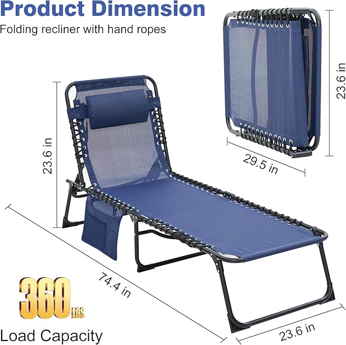 Folding Chaise Lounge Chair, Patio Teslin Tanning Chair, Outdoor Beach Lounge Chair with 5-Position Reclining Back, Breathable Mesh Seat for Beach, Poolside, Patio Sunbathing Navy Blue