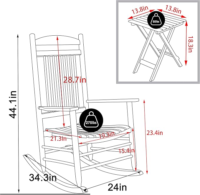 MUPATER Outdoor Rocking Chair Sets 3-Piece, Bistro Table and Chairs Set of 2,Patio Wooden Rocker Bistro Set with Foldable Table and Curved Seat,Black