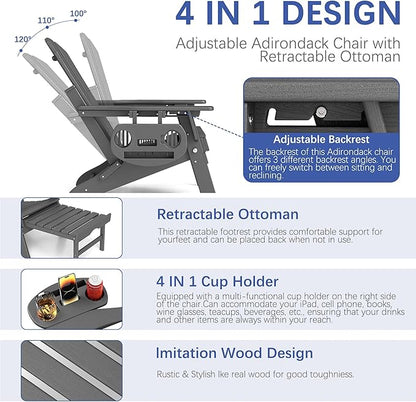 FOOWIN Adirondack Chair with Retractable Ottoman,HDPE Folding Adjustable Adirondack Chair w/4 in 1 Cup Holder Trays,All-Weather Resistant Fire Pit Chair for Outdoor Patio Lawn Set of 8