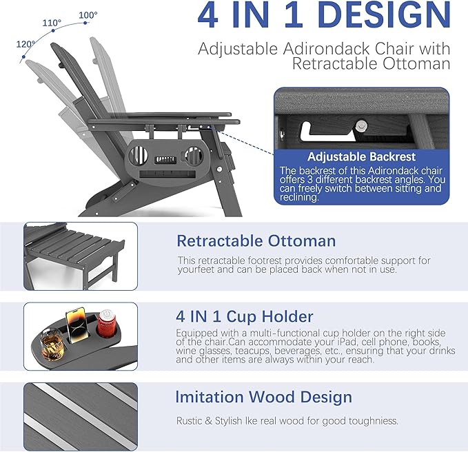 FOOWIN Adirondack Chair with Retractable Ottoman,HDPE Folding Adjustable Adirondack Chair w/4 in 1 Cup Holder Trays,All-Weather Resistant Fire Pit Chair for Outdoor Patio Lawn Set of 6