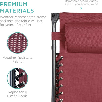 Best Choice Products Folding Zero Gravity Outdoor Recliner Patio Lounge Chair w/Adjustable Canopy Shade, Headrest, Side Accessory Tray, Textilene Mesh - Burgundy