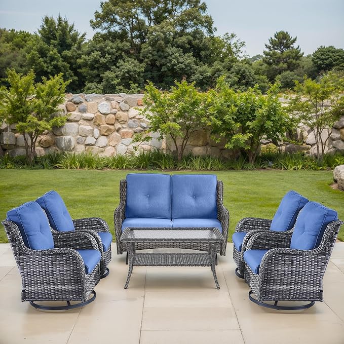 Patio Loveseat Glider Set, Resin Wicker Loveseat Glider with 4 Swivel Patio Chiars Coffee Table, 6 Piece Patio Conversation Set PE Rattan Loveseat Set, Grey Wicker|Blue Cushions