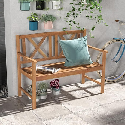 Wooden Outdoor Bench, 47.5” Rustic Acacia Wood Bench, Outside Garden Bench w/High Back & Armrest, 2-Person Loveseat Patio Bench for Front Porch Backyard Park, Teak Finish (Cross)