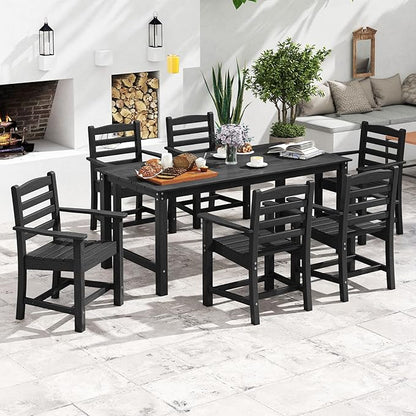 Tangkula 7 Pcs Outdoor Dining Table Set for 6, 67” HDPE Weather-Resistant Patio Rectangle Table & 6 Armchairs w/Curved Seat, Umbrella Hole, Wood Grain, Plastic Dining Furniture (Black, 7 Pcs)