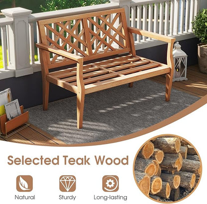 Tangkula Outdoor Garden Bench, 2-Person Teak Wood Bench with Comfy Armrests and Backrest, Slatted Seating Area, 800 LBS Weight Capacity, Patio Wood Loveseat Chair for Porch, Backyard, Park, Natural