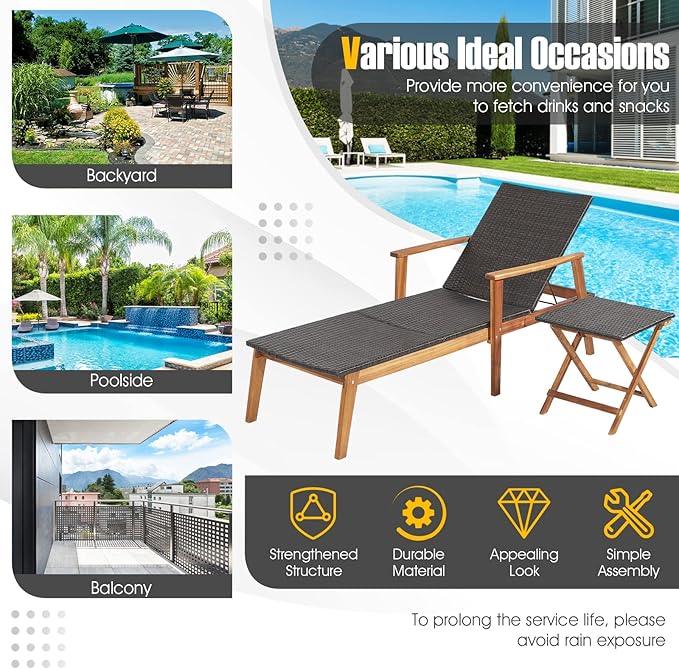Tangkula 2 Piece Patio Chaise Lounge & Table Set, Outdoor Rattan Recliner w/Folding Side Table, 4-Level Adjustable Backrest, Solid Acacia Wood Frame, Recliner & Table Set for Backyard (Mix Brown)