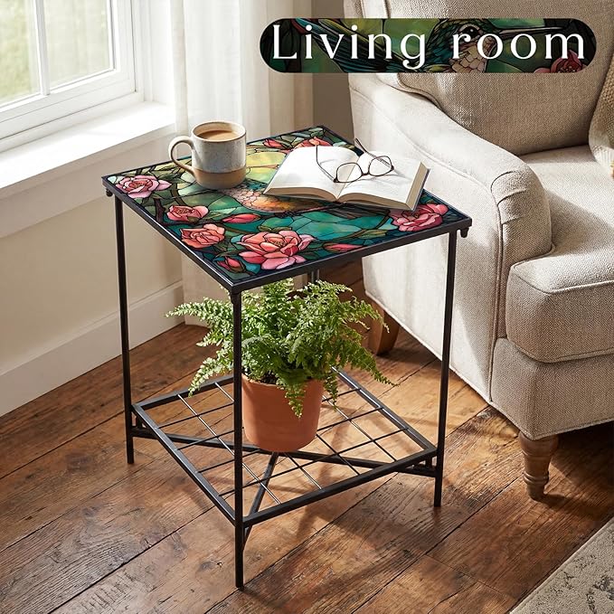 Outdoor Side Table 2-Tier Storage Square Small Mosaic Patio Accent Indoor End Plant Coffee Tea Table for Yard Patio Porch Garden Living Room, Bedroom(Hummingbird Style)