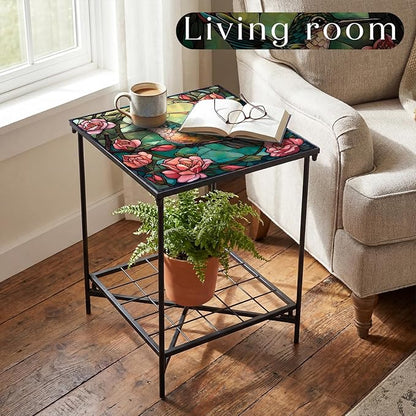 Outdoor Side Table 2-Tier Storage Square Small Mosaic Patio Accent Indoor End Plant Coffee Tea Table for Yard Patio Porch Garden Living Room, Bedroom(Hummingbird Style)
