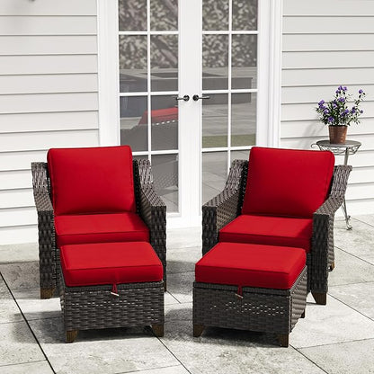 4 Pieces Patio Conversation Furniture Set - 2 Chairs with Ottomans Set of 2, Outdoor Wicker Armchairs with Water-Resistant and Washable Cushions for Porch, Balcony, Sunroom (Red)