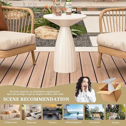 Round Small Patio Side Table, Metal Steel Outdoor Side Table, Patio Accent End Table for Garden, Pool, Deck, Balcony, Yard, Living Room, White, Weather Resistant, No Assembly