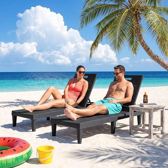 Greesum Outdoor Chaise Lounge Chair Set of 2, Waterproof 5-Position Adjustable PP Sun Loungers for Patio, Poolside, and Beach Sunbathing, Black