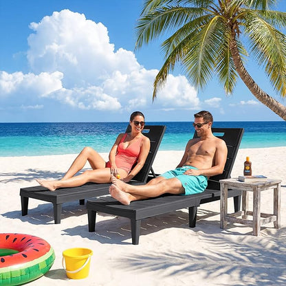 Greesum Outdoor Chaise Lounge Chair Set of 2, Waterproof 5-Position Adjustable PP Sun Loungers for Patio, Poolside, and Beach Sunbathing, Black