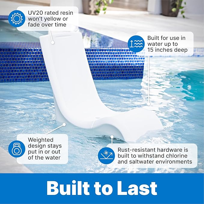 Step2 Vero Pool Chair, Fade-Resistant, Waterproof Patio Furniture for Sun Shelf, Use in Pools up to 15-Inches of Water, Weighted, 43"D x 23"W x 37"H, Resin, White