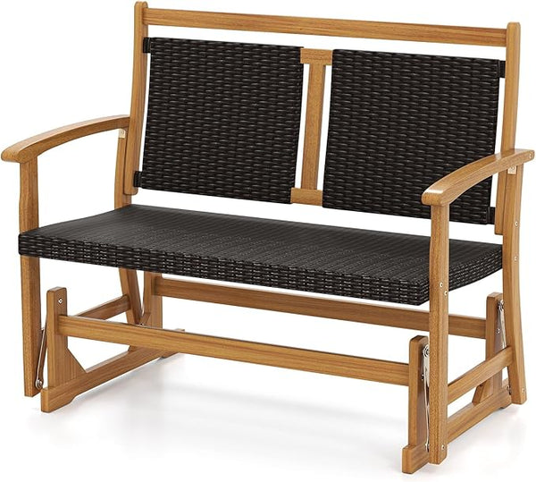 RELAX4LIFE Wooden Outdoor Glider Bench - 2-Person Wicker Rattan Swing Gliding Rocker Chair w/Acacia Wood Armrests - Photo 1