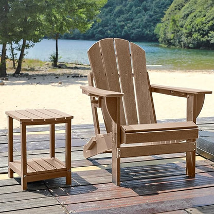 Folding Adirondack Chair, HDPE Outdoor Texture Lawn Chair with Reclining Back, Cup and Phone Holder - Comfortable Firepit Chair Weather Resistant for Patio or Backyard (Brown, Set of 1)