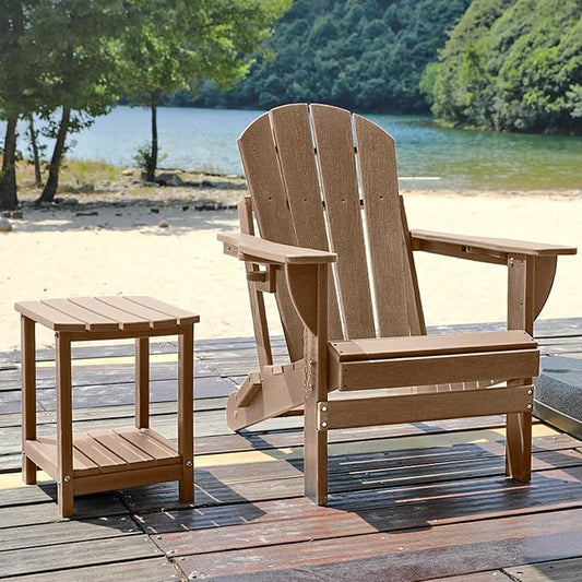 Folding Adirondack Chair Set with Side Table - HDPE Outdoor Patio Chairs, Weatherproof Chair with Reclining Back, Cup & Phone Holder, and 2-Tier Storage End Table for Firepit or Garden (Brown)