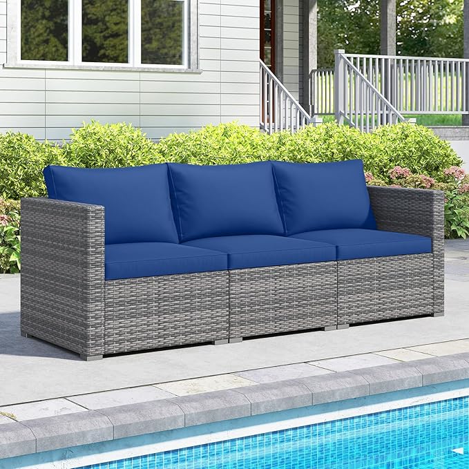 Tangkula 3 Seat Outdoor Wicker Sofa Set, Modular PE Rattan Patio Cushioned Sectional Couch Set, Outside Furniture Set for Deck, Backyard, Porch, Garden & Poolside (Navy)