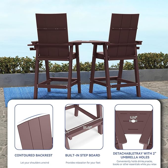 FOOWIN Tall Adirondack Chairs Set of 8,HDPE Adirondack Bar Stools with Connecting Tray & Cup Holders,Weather Resistant Balcony Chair for Outdoor Deck Lawn Pool Backyard Coffee