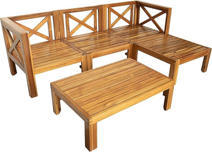 Quarte 5 Piece Outdoor Acacia Wood Sofa Set, X-Back Frames Design, Sectional Sofa Seating Group Set with Cushions