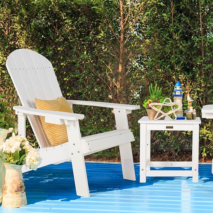 Adirondack Chairs Set of 4, All Weather Resistant Plastic Chairs with Cup Holder, 5 Easy Steps to Install, Outdoor Chairs for Patio, Garden, Backyard Deck, Lawn, Fire Pit - White
