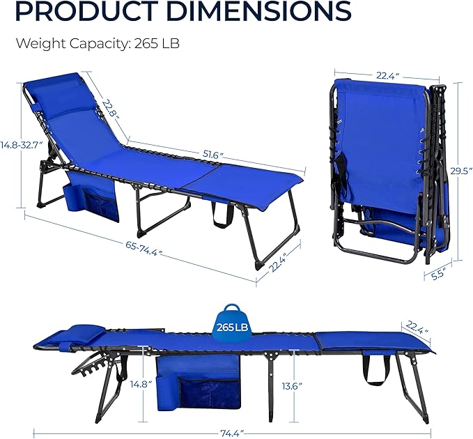 Yaheetech 22.4" Tanning Chair with Face Hole, Adjustable 5-Position Folding Chaise Lounge Chairs, Outdoor Lounge Chairs for Lawn, Beach, Sunbathing, Blue