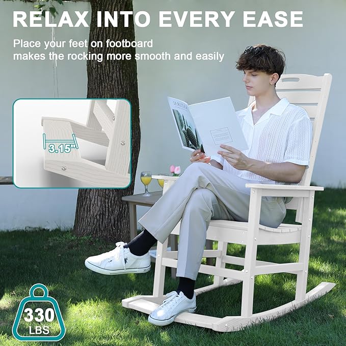 PLUUV Outdoor Rocking Chair with Removable Footboard for Adults, HDPE High Back Patio Rocking Chairs, 330lbs All Weather Porch Rocking Chairs for Outdoor & Indoor -White