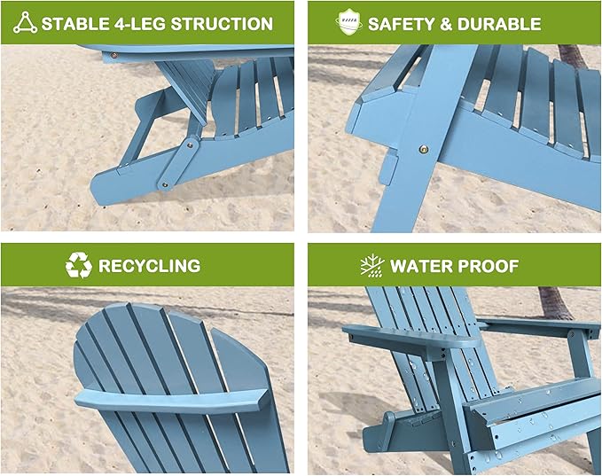 Adirondack Chairs, All-Weather Outdoor Patio Chairs with Wide Armrest, Solid Wood, 350 Lbs, Turquoise Grey - Photo 4
